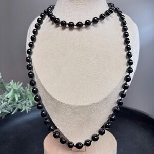 Vintage Black Glass Bead Necklace 32 Inch | Knotted Long Strand | Minimal Boho